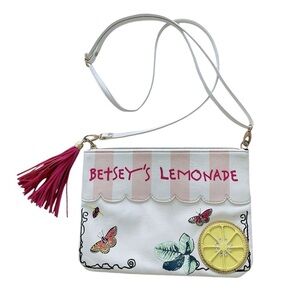 Betsey Johnson Lemonade Butterfly Crossbody Bag Purse Tassel Crystals Pink White